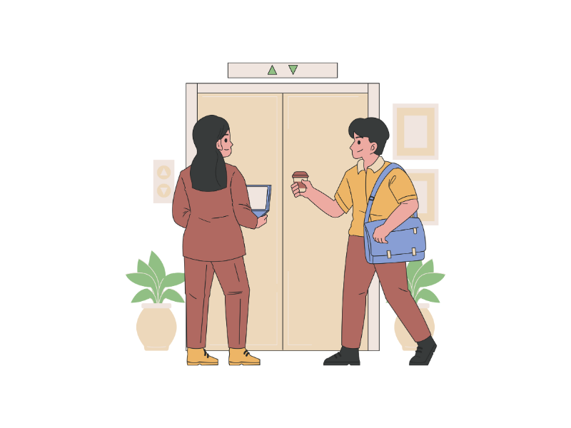 Awkward moment in a lift lobby as multiple people wait for the elevator doors to open.